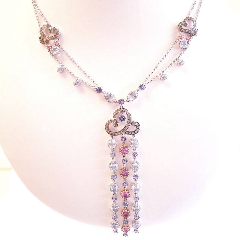 18K White Gold Lariat Diamond Chain Necklace with Precious Stones