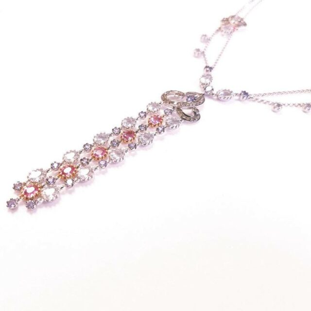 18K White Gold Lariat Diamond Chain Necklace with Precious Stones