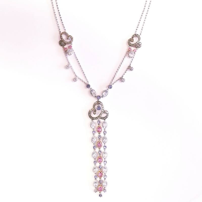 18K White Gold Lariat Diamond Chain Necklace with Precious Stones