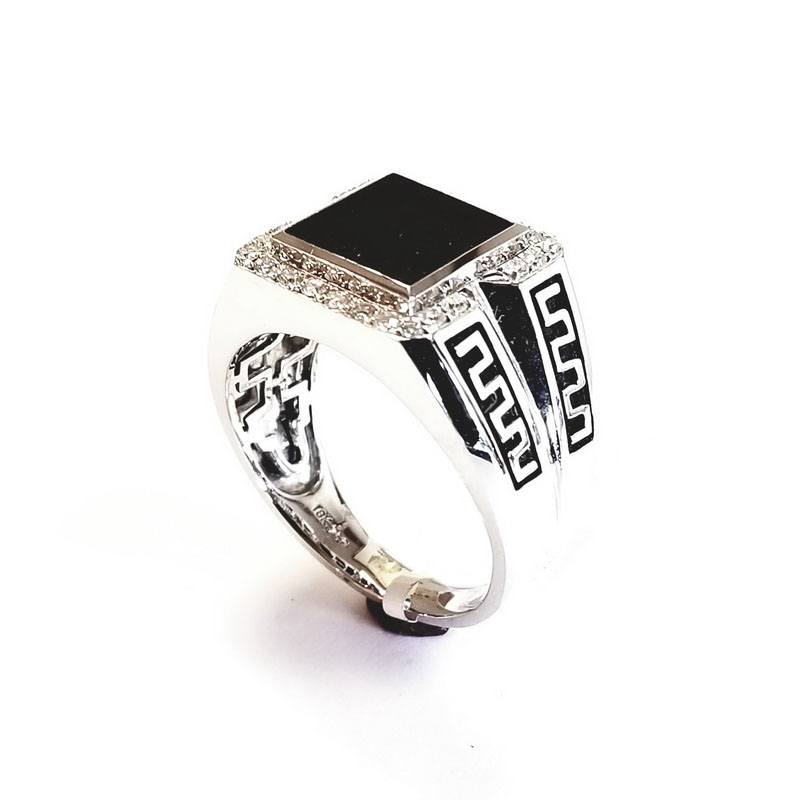 18K White Gold Men’s Paved Diamond Ring with Black Onyx