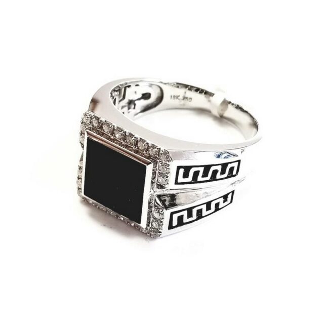 18K White Gold Men’s Paved Diamond Ring with Black Onyx