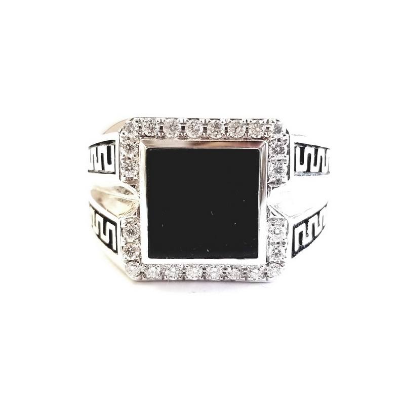 18K White Gold Men’s Paved Diamond Ring with Black Onyx