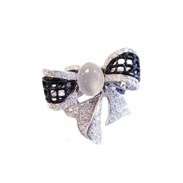 18K White Gold Moon Stone and Black Enamel Bow Ring with Diamonds