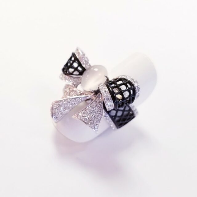 18K White Gold Moon Stone and Black Enamel Bow Ring with Diamonds