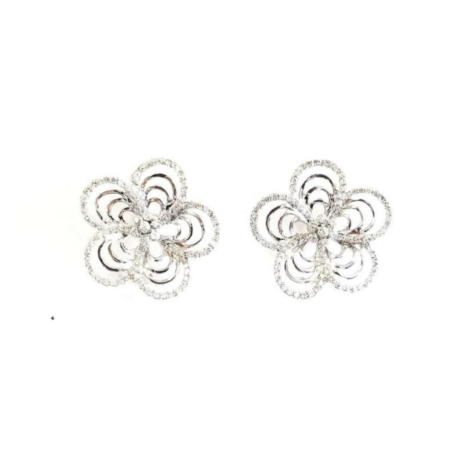 18K White Gold Ripple Flower Earrings With Diamonds