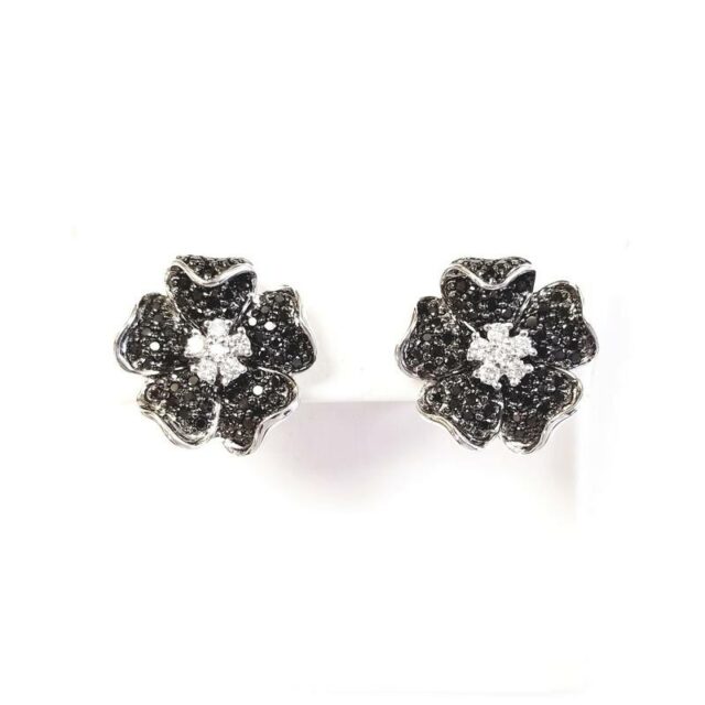 18K White Gold Space Flower Earrings With Black And White Diamonds