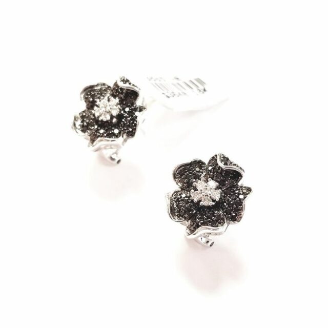 18K White Gold Space Flower Earrings With Black And White Diamonds