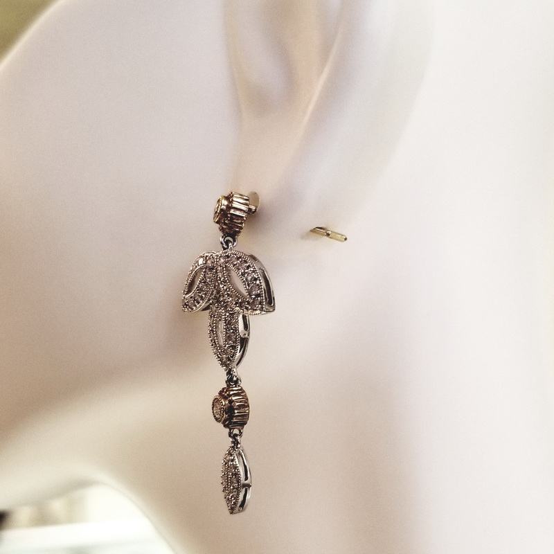 18K White Gold Three Leaf Chain Drop Diamond Earrings