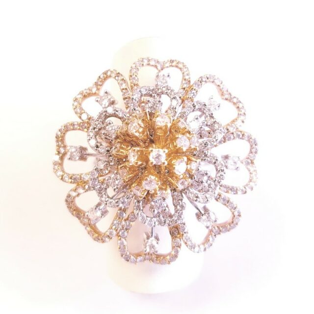 18K Yellow and White Gold Large Cocktail Flower Ring with Genuine Diamonds