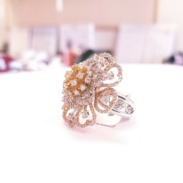 18K Yellow and White Gold Large Cocktail Flower Ring with Genuine Diamonds