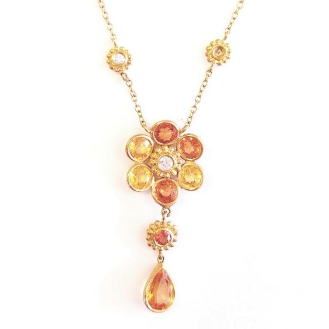 18K Yellow Gold Diamond and Colored Sapphires Flower Drop Necklace