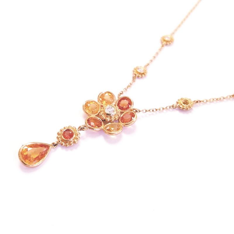 18K Yellow Gold Diamond and Colored Sapphires Flower Drop Necklace