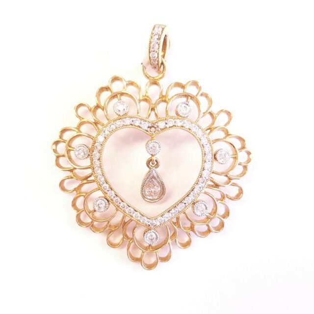 18K Yellow Gold Diamond Heart with Teardrop Pendant