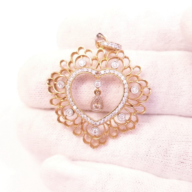 18K Yellow Gold Diamond Heart with Teardrop Pendant