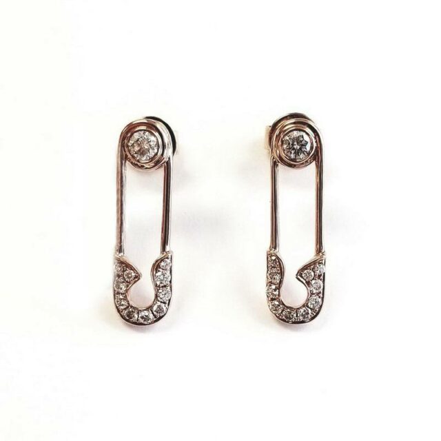 18K Yellow Gold Diamond Safety Pin Earrings