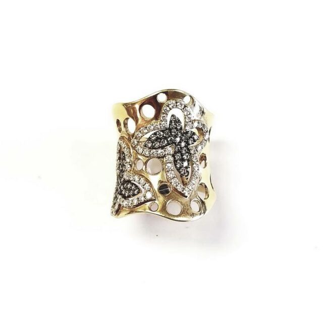 18K Yellow Gold Double Butterflies Ring with White and Brown Diamonds