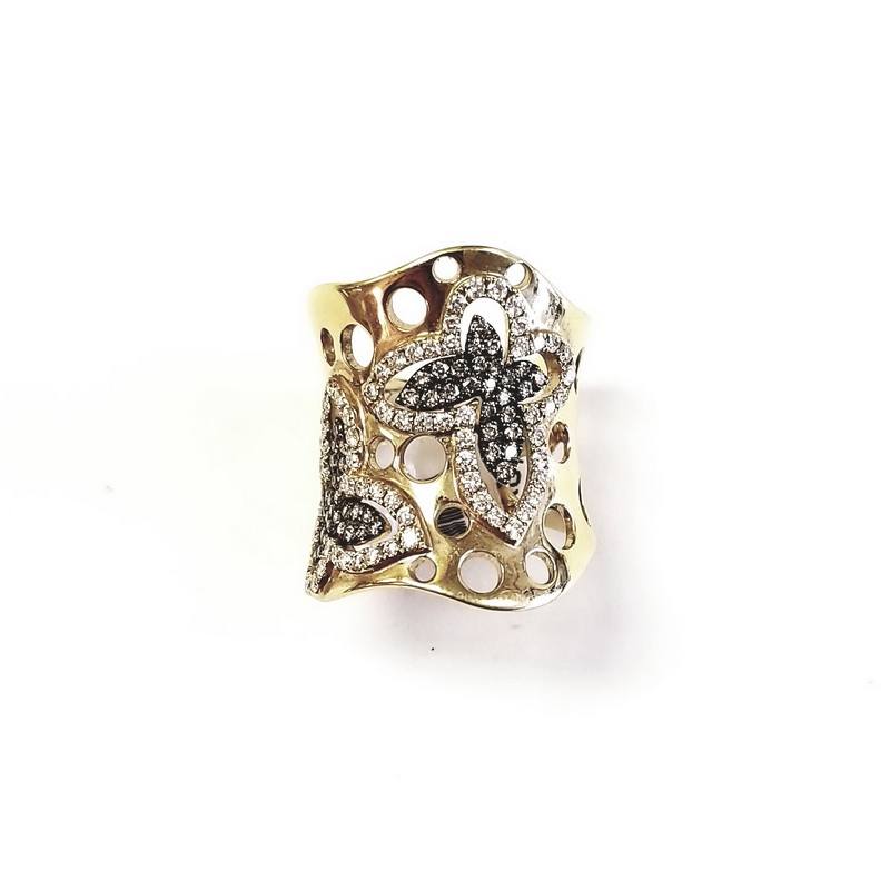 18K Yellow Gold Double Butterflies Ring with White and Brown Diamonds