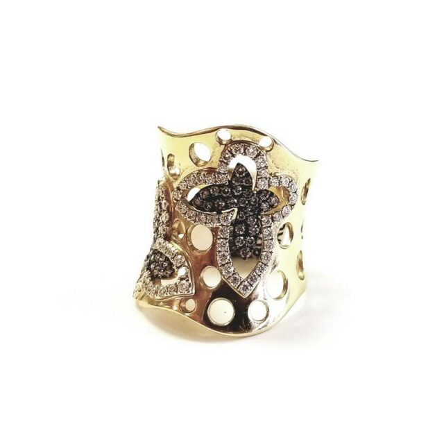 18K Yellow Gold Double Butterflies Ring with White and Brown Diamonds