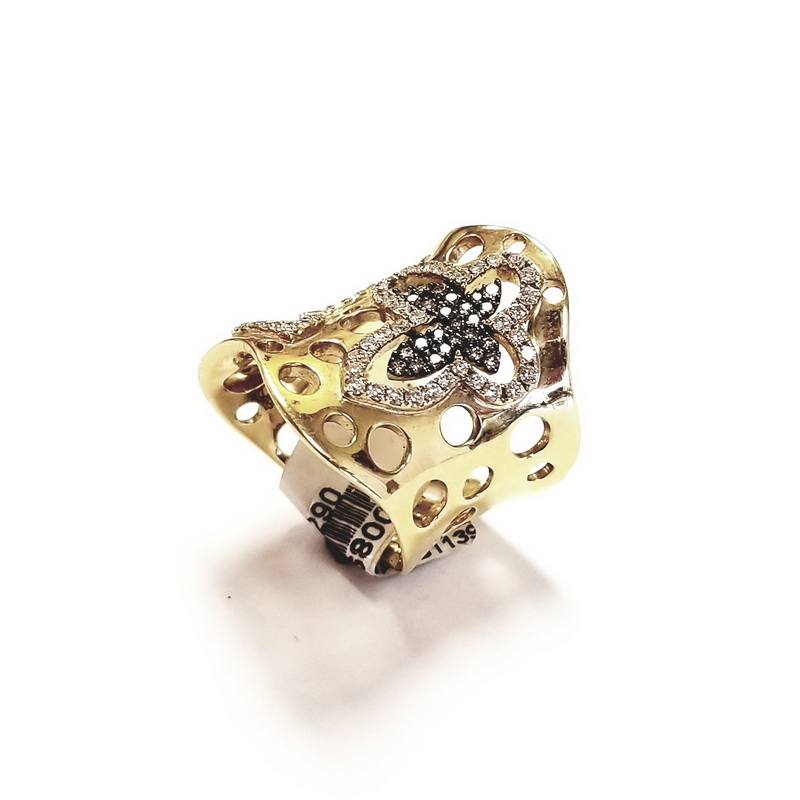 18K Yellow Gold Double Butterflies Ring with White and Brown Diamonds