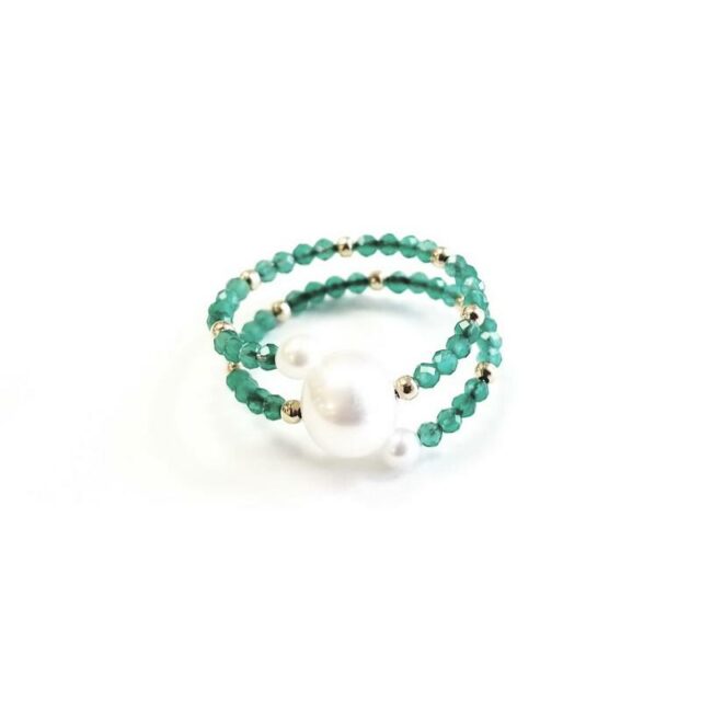 18K Yellow Gold Double Strand Beaded Emerald Ring with Pearls