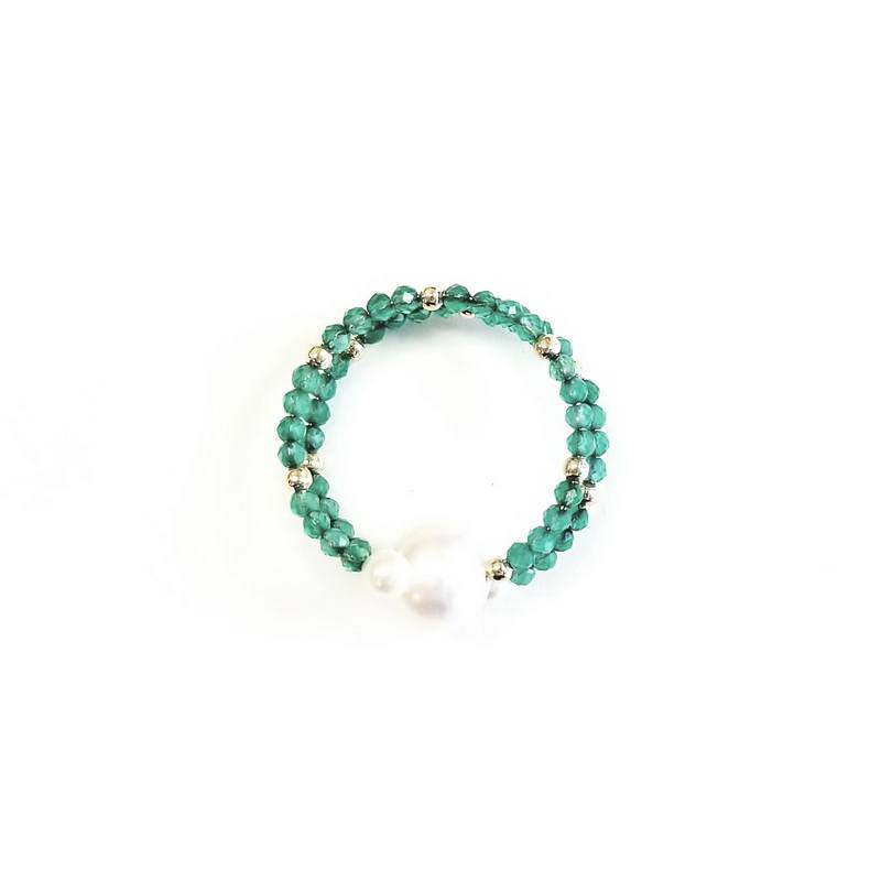 18K Yellow Gold Double Strand Beaded Emerald Ring with Pearls