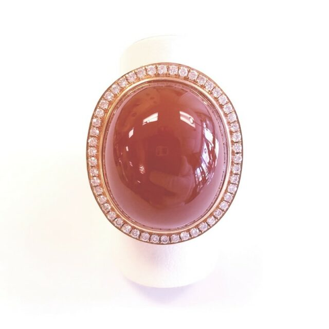 18K Yellow Gold Large Carnelian Cocktail Ring with White and Brown Diamonds