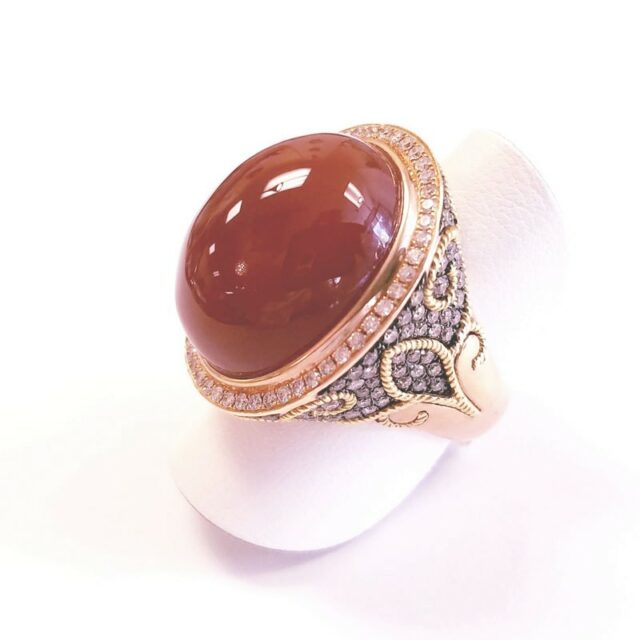 18K Yellow Gold Large Carnelian Cocktail Ring with White and Brown Diamonds