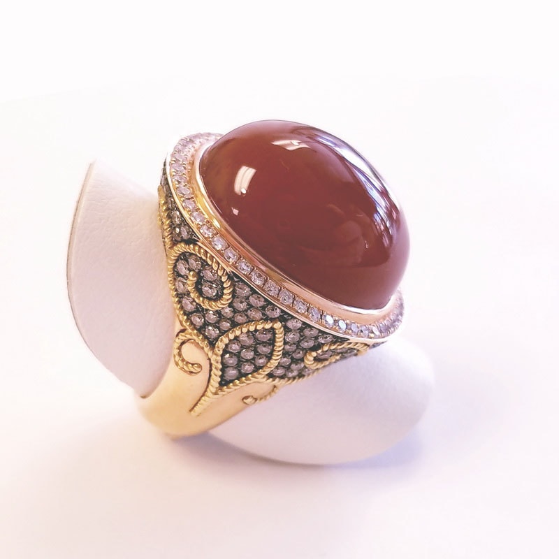 18K Yellow Gold Large Carnelian Cocktail Ring with White and Brown Diamonds