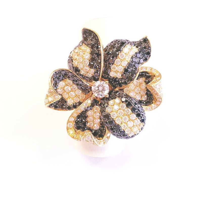18K Yellow Gold Large Cocktail Flower Ring with Multi Colored Diamonds