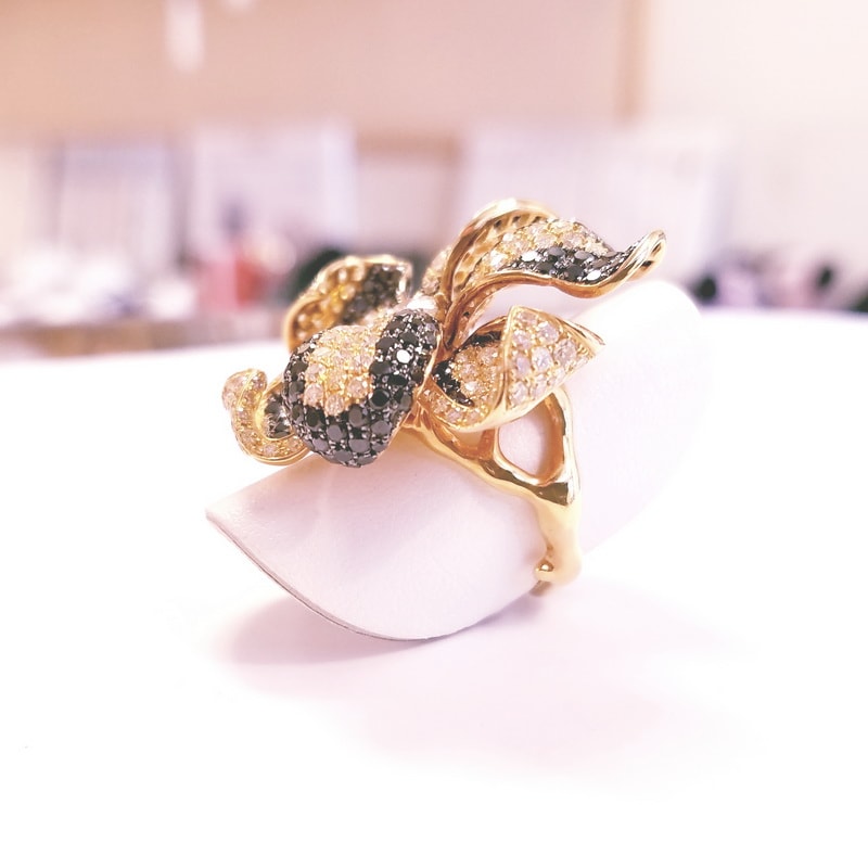 18K Yellow Gold Large Cocktail Flower Ring with Multi Colored Diamonds
