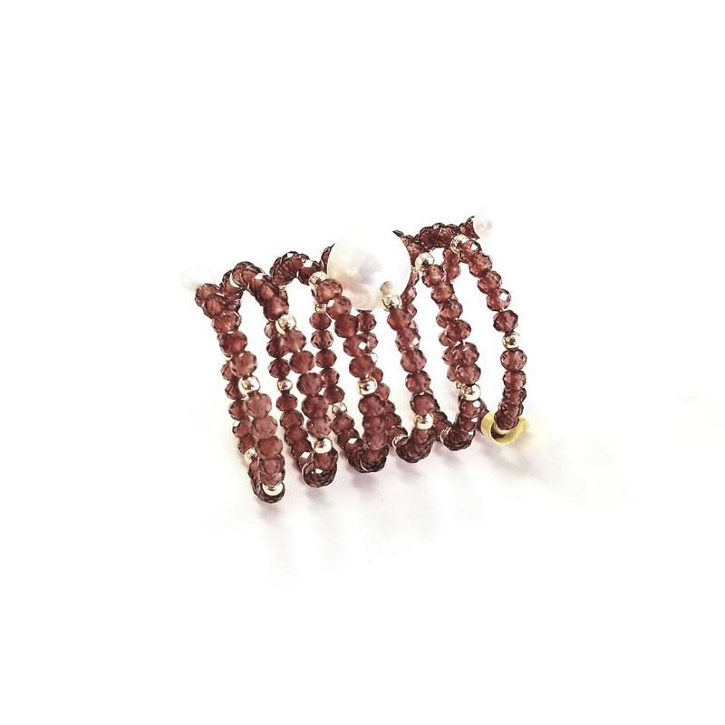 18K Yellow Gold Long Beaded Garnet Coil Ring with Large Pearl