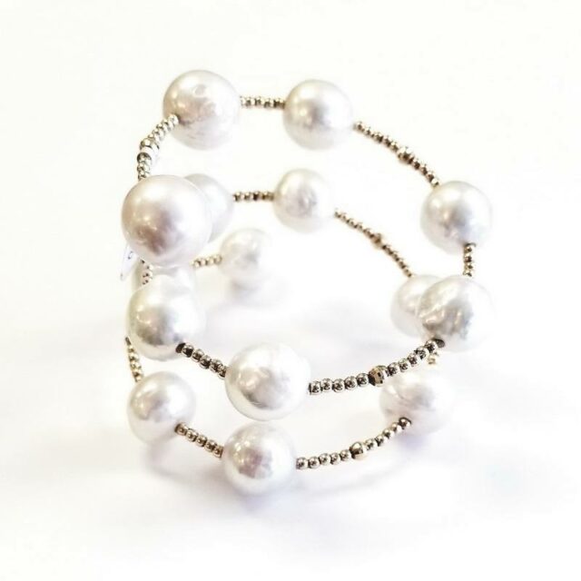 18K Yellow Gold Long Beaded Spiral Bracelet with Large Pearls