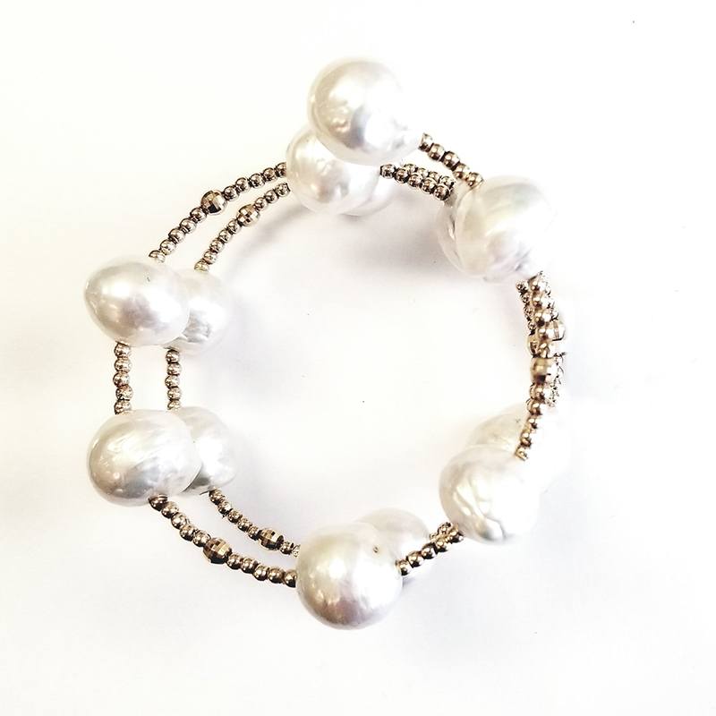 18K Yellow Gold Long Beaded Spiral Bracelet with Large Pearls