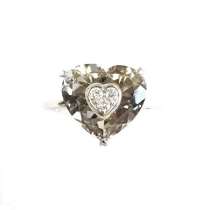 18K White Gold Smoky Topaz Heart Ring with Diamonds