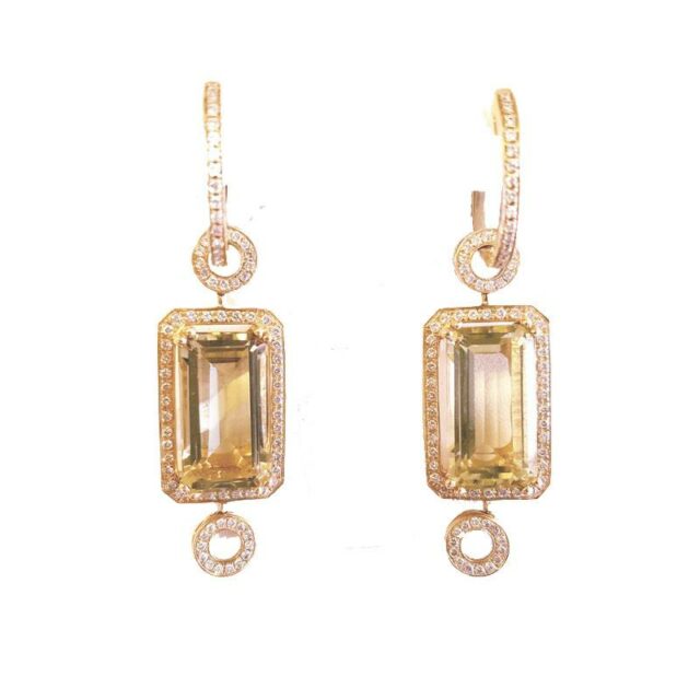 18K Yellow Gold Square Citrine Drop Earrings With Diamonds