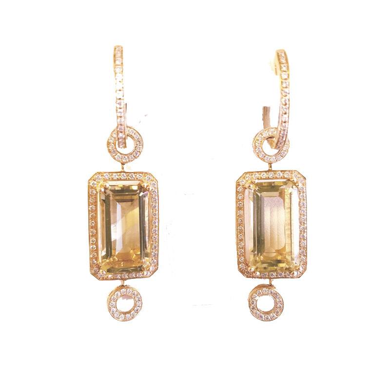 18K Yellow Gold Square Citrine Drop Earrings With Diamonds