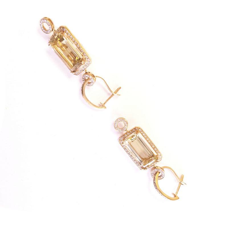 18K Yellow Gold Square Citrine Drop Earrings With Diamonds