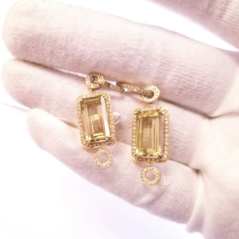 18K Yellow Gold Square Citrine Drop Earrings With Diamonds