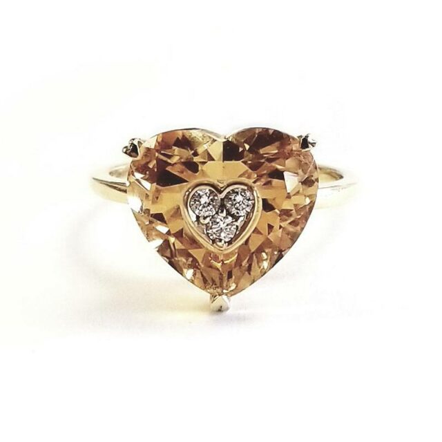 18K Yellow Gold Yellow Topaz Heart Ring with Diamonds