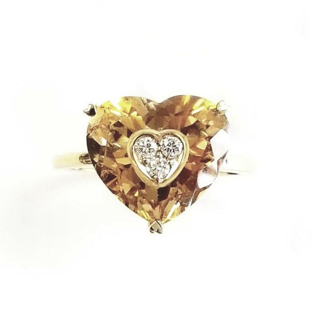 18K Yellow Gold Yellow Topaz Heart Ring with Diamonds