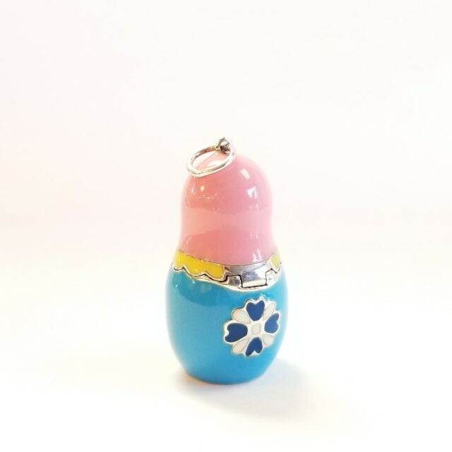 Baby Blue and Pink Enamel Covered Sterling Silver Russian Doll with Central Diamond