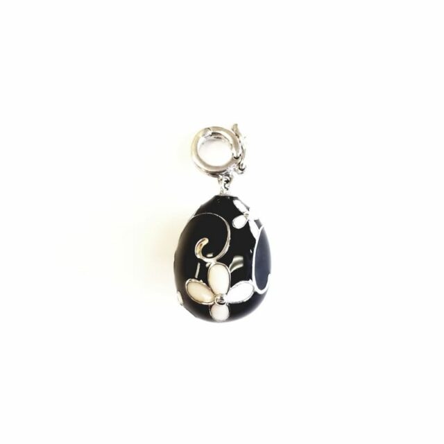 Black Enamel Covered Sterling Silver Egg Charm with Flower Embellishments