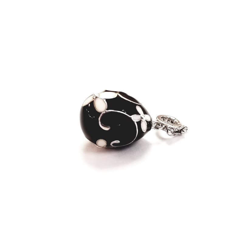 Black Enamel Covered Sterling Silver Egg Charm with Flower Embellishments