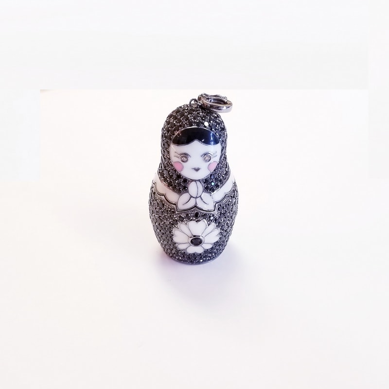 Black Enamel Covered Sterling Silver Russian Doll with Central Black Diamond