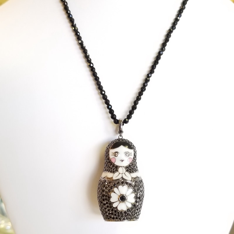 Black Enamel Covered Sterling Silver Russian Doll with Central Black Diamond
