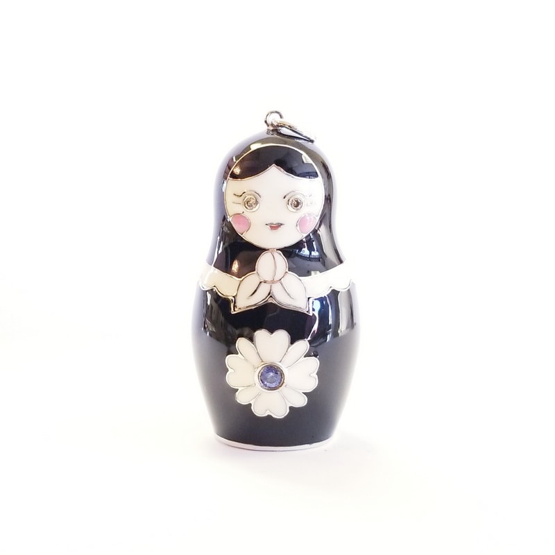 Black Enamel Covered Sterling Silver Russian Doll with Central Light Blue Sapphire