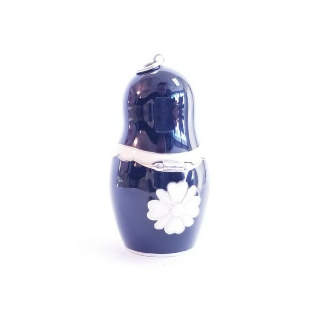 Black Enamel Covered Sterling Silver Russian Doll with Central Light Blue Sapphire