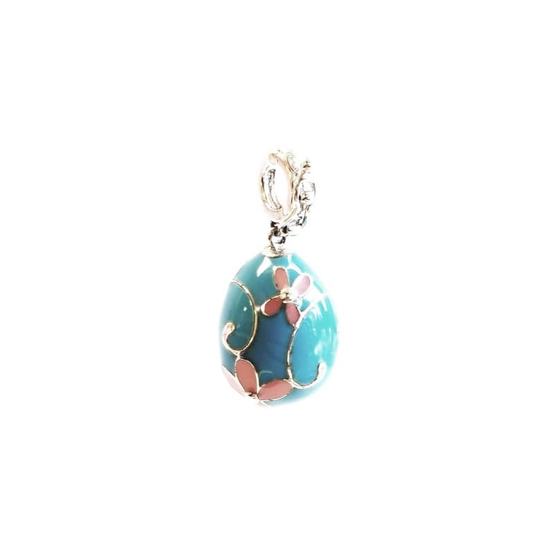 Blue Enamel Covered Sterling Silver Egg Charm with Pink Flower Embellishments