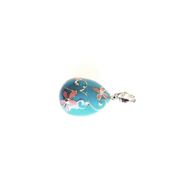 Blue Enamel Covered Sterling Silver Egg Charm with Pink Flower Embellishments