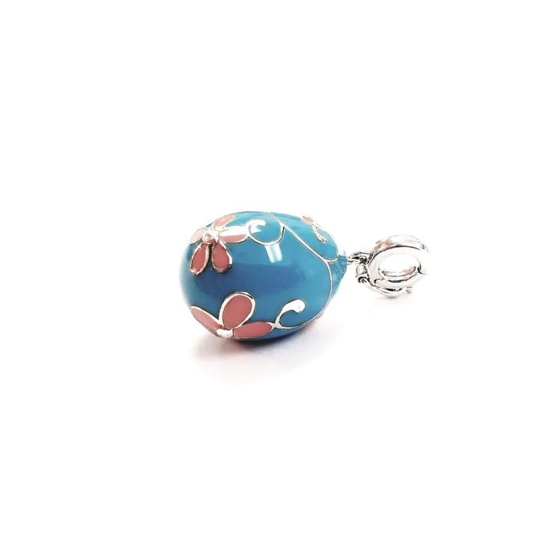 Blue Enamel Covered Sterling Silver Egg Charm with Pink Flower Embellishments